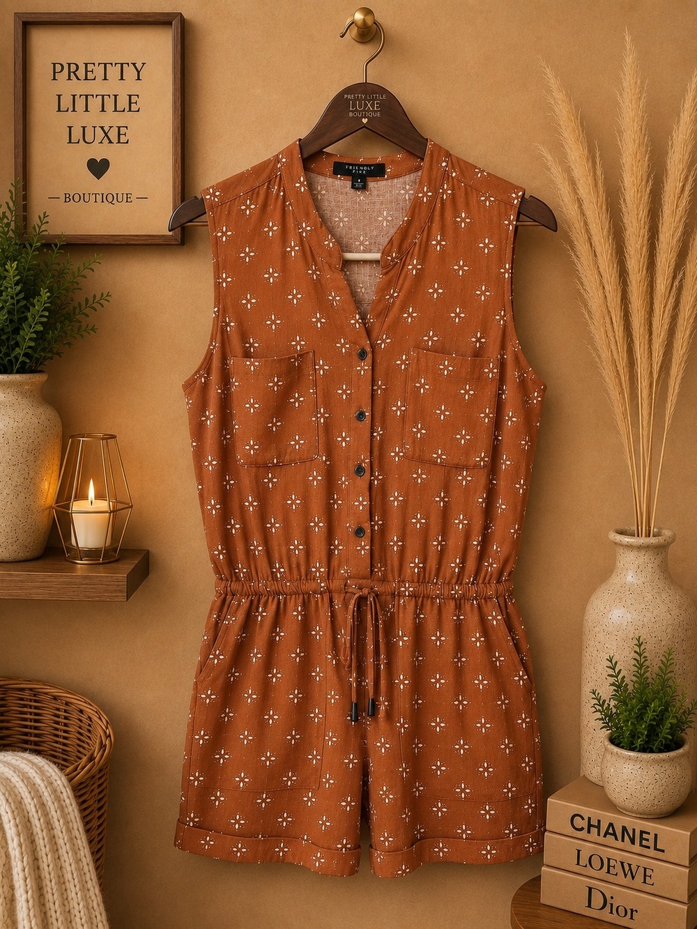 Kelly Renee Rust Orange Drawstring Waist Button Front Romper S